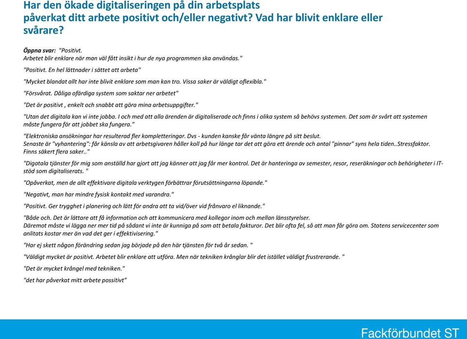 Vissa saker är väldigt oflexibla." "Försvårat. Dåliga ofärdiga system som saktar ner arbetet" "Det är positivt, enkelt och snabbt att göra mina arbetsuppgifter." "Utan det digitala kan vi inte jobba.