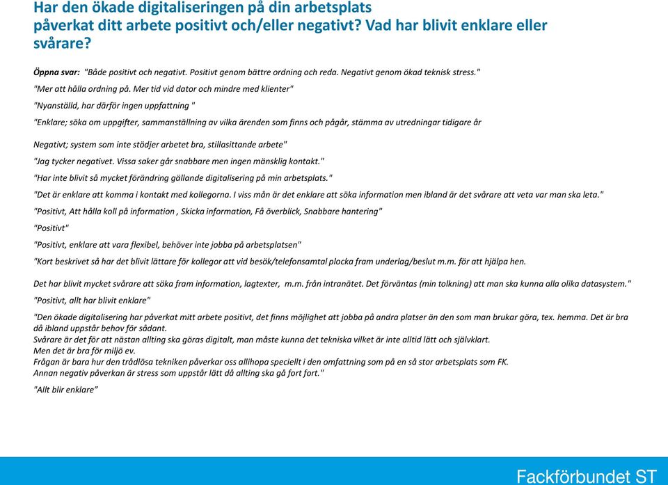 Mer tid vid dator och mindre med klienter" "Nyanställd, har därför ingen uppfattning " "Enklare; söka om uppgifter, sammanställning av vilka ärenden som finns och pågår, stämma av utredningar