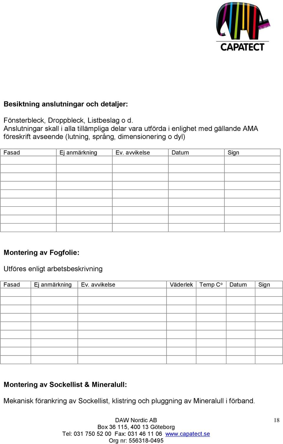 dimensionering o dyl) Fasad Ej anmärkning Ev.