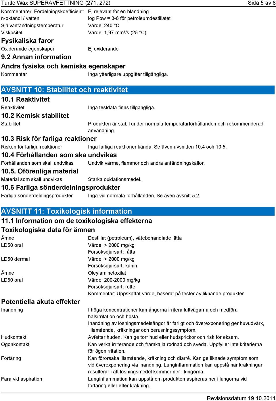 2 Annan information Andra fysiska och kemiska egenskaper Kommentar Inga ytterligare uppgifter tillgängliga. AVSNITT 10: Stabilitet och reaktivitet 10.1 Reaktivitet Reaktivitet 10.