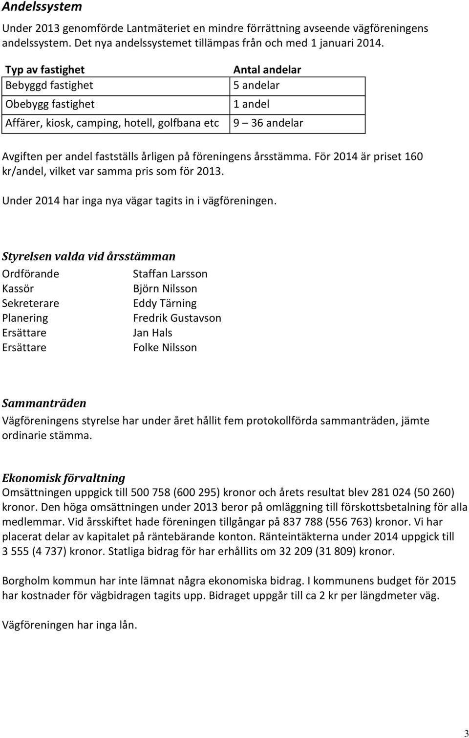 årsstämma. För 2014 är priset 160 kr/andel, vilket var samma pris som för 2013. Under 2014 har inga nya vägar tagits in i vägföreningen.