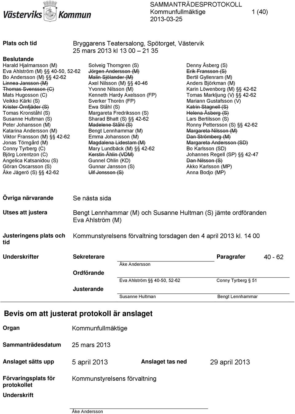 (C) Yvonne Nilsson (M) Karin Löwenborg (M) 42-62 Mats Hugosson (C) Kenneth Hardy Axelsson (FP) Tomas Markljung (V) 42-62 Veikko Kärki (S) Sverker Thorén (FP) Mariann Gustafsson (V) Krister Örnfjäder