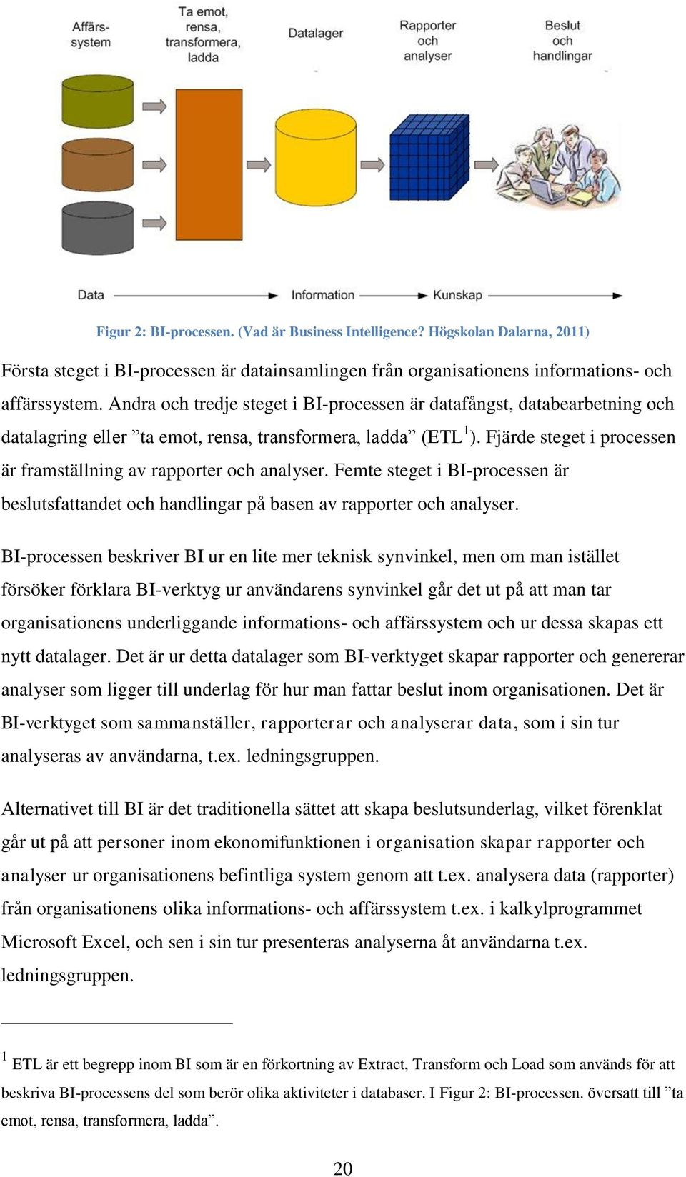 Fjärde steget i processen är framställning av rapporter och analyser. Femte steget i BI-processen är beslutsfattandet och handlingar på basen av rapporter och analyser.