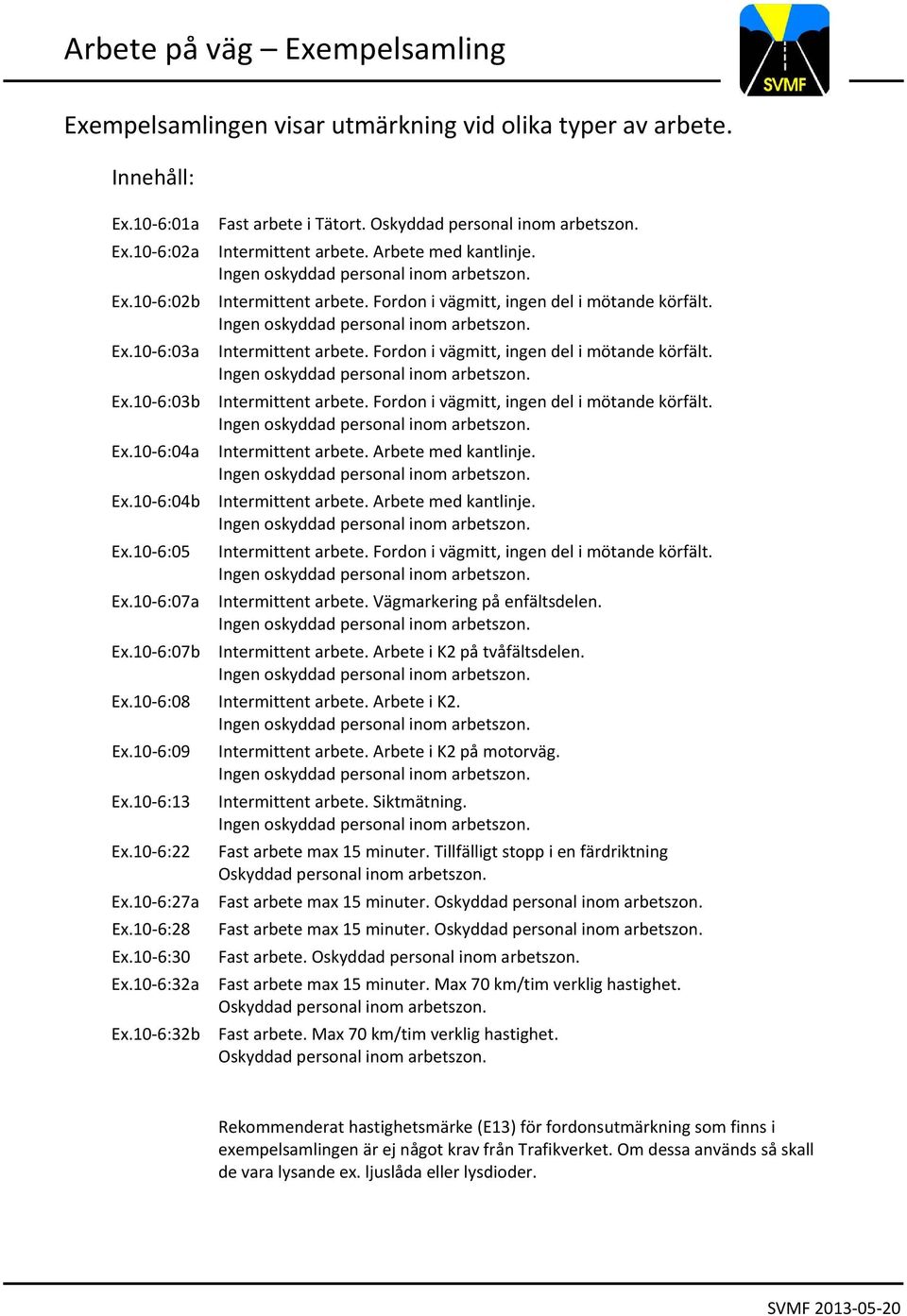 Ex.10 6:07b Intermittent arbete. Arbete i K2 på tvåfältsdelen. Ex.10 6:08 Intermittent arbete. Arbete i K2. Ex.10 6:09 Ex.10 6:13 Ex.10 6:22 Ex.10 6:27a Ex.10 6:28 Ex.10 6:30 Ex.10 6:32a Ex.