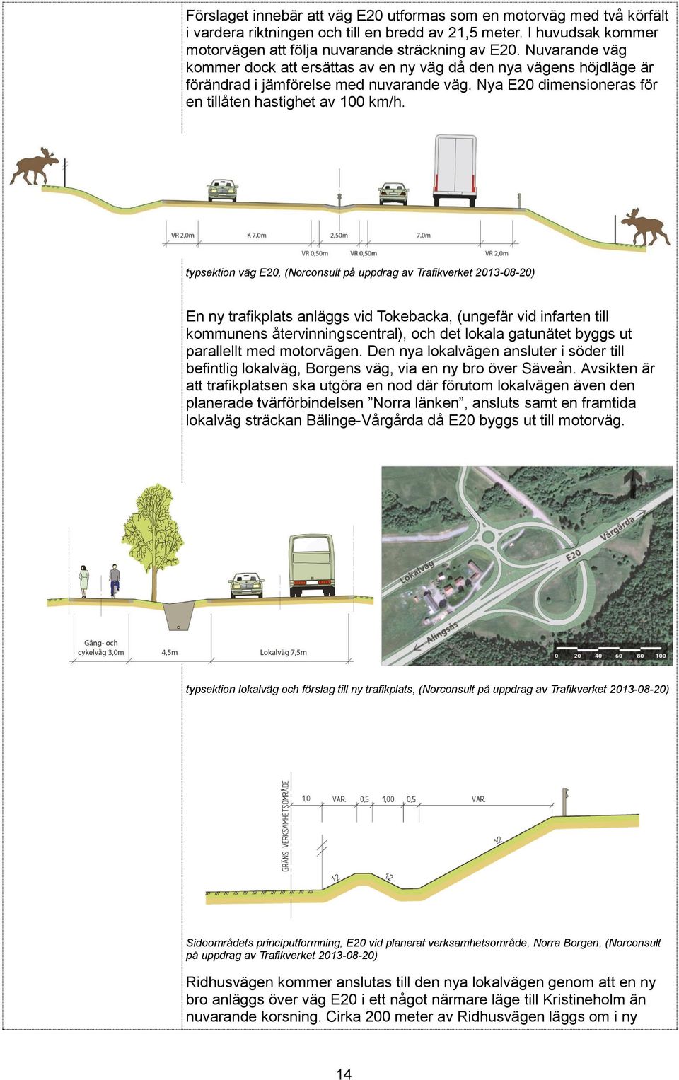 typsektion väg E20, (Norconsult på uppdrag av Trafikverket 2013-08-20) En ny trafikplats anläggs vid Tokebacka, (ungefär vid infarten till kommunens återvinningscentral), och det lokala gatunätet