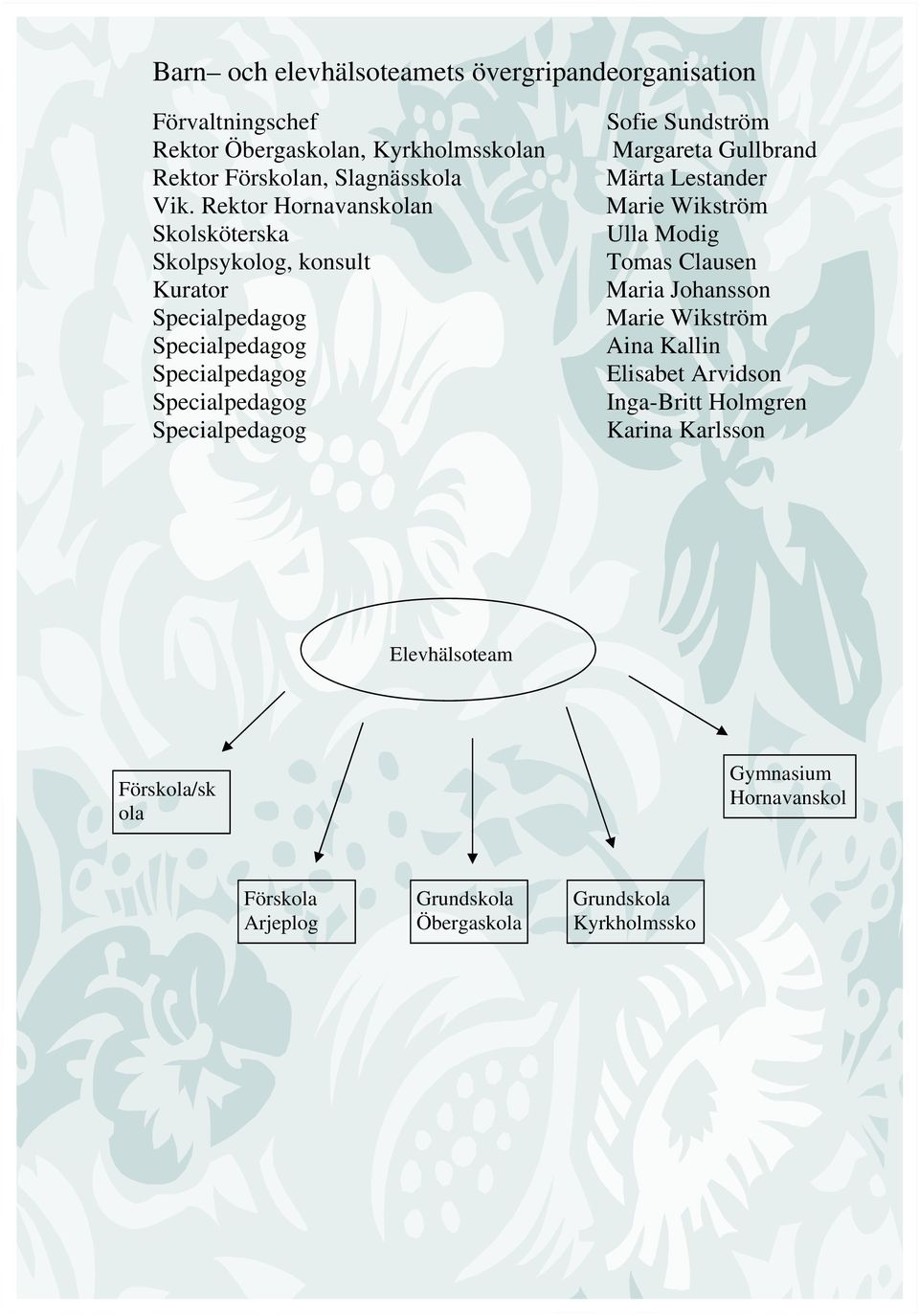 Rektor Hornavanskolan Skolsköterska Skolpsykolog, konsult Kurator Sofie Sundström Margareta Gullbrand Märta