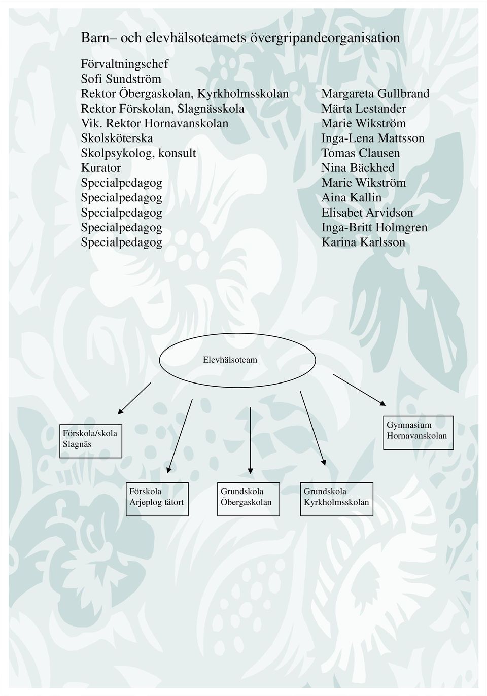 Rektor Hornavanskolan Skolsköterska Skolpsykolog, konsult Kurator Margareta Gullbrand Märta Lestander Inga-Lena Mattsson