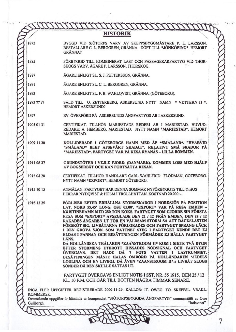 ÅG RE ENLIGT SL. F. B. WAHLQVIST, GRÄNNA. (GÖTEBORG). SÅLD TILL O. ZETTERBERG, ASKERSUND. NYTT NAMN * VE'ITERN II *, HEMORT ASKERSUND? EV. ÖVERFÖRD PÅ ASKERSUNDS ÅNGFARTYGS AB I ASKERSUND. CERTIFIKAT.