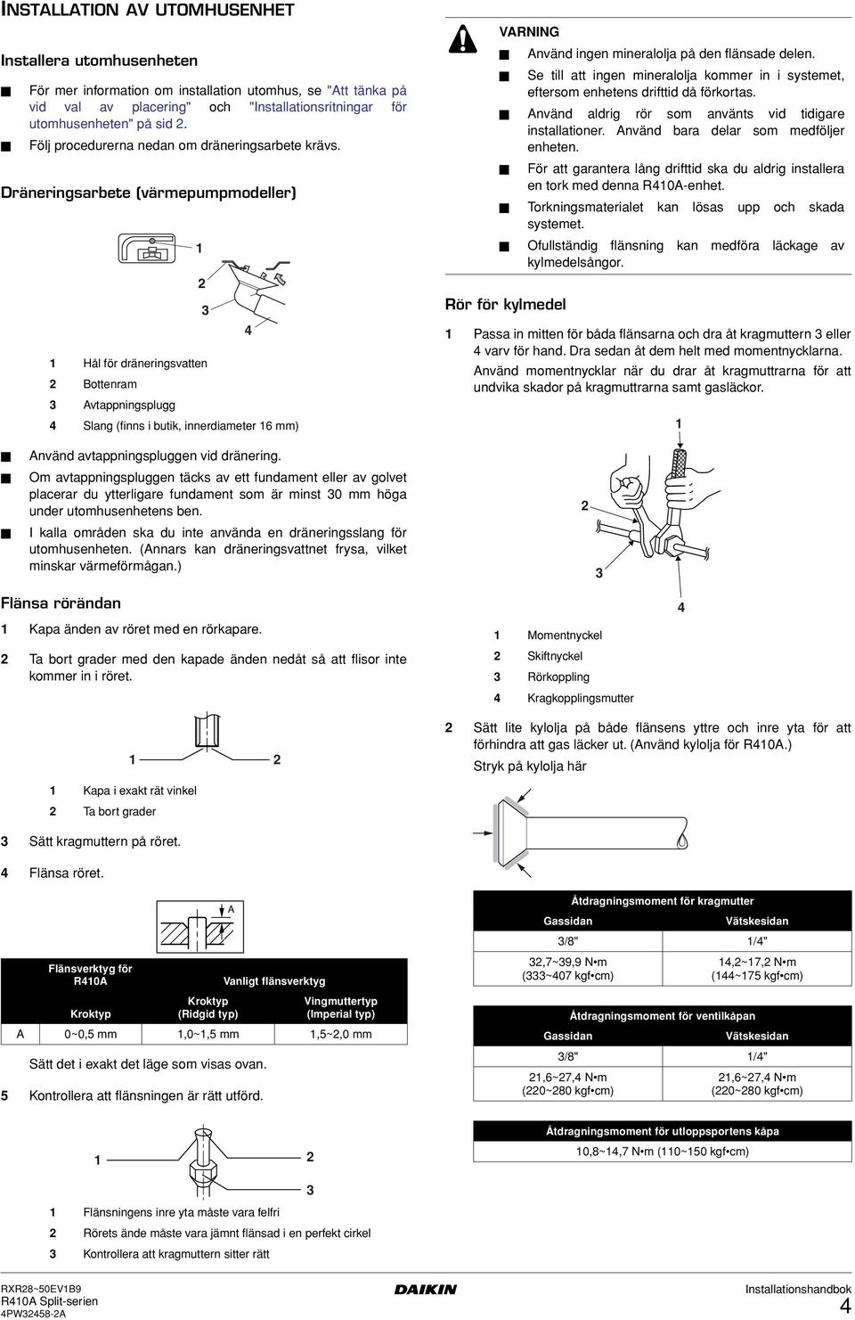 Dräneringsarbete (värmepumpmodeller) Hål för dräneringsvatten Bottenram Avtappningsplugg Slang (finns i butik, innerdiameter 6 mm) VARNING Använd ingen mineralolja på den flänsade delen.