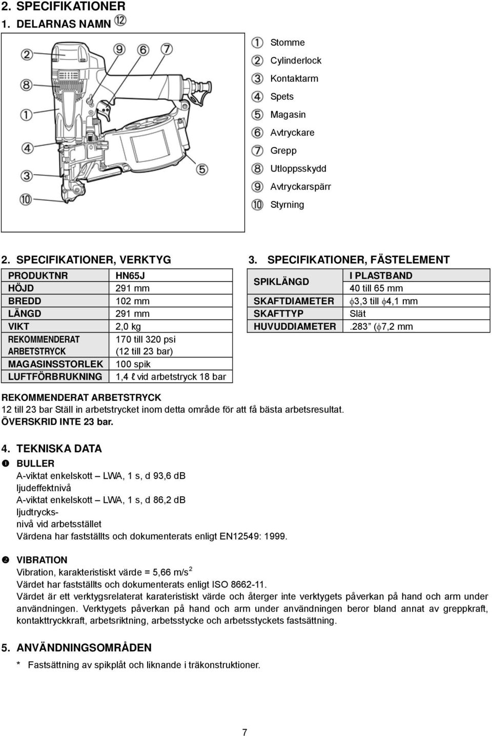 283 ( 7,2 mm REKOMMENDERAT ARBETSTRYCK 170 till 320 psi (12 till 23 bar) MAGASINSSTORLEK 100 spik LUFTFÖRBRUKNING 1,4 l vid arbetstryck 18 bar REKOMMENDERAT ARBETSTRYCK 12 till 23 bar Ställ in