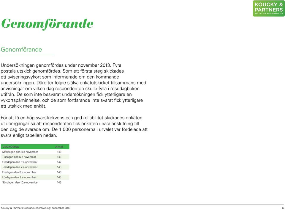 Därefter följde själva enkätutskicket tillsammans med anvisningar om vilken dag respondenten skulle fylla i resedagboken utifrån.