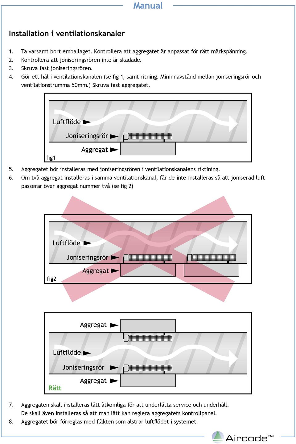 mm.) Skruva fast aggregatet. 5. et bör installeras med joniseringsrören i ventilationskanalens riktining. 6.