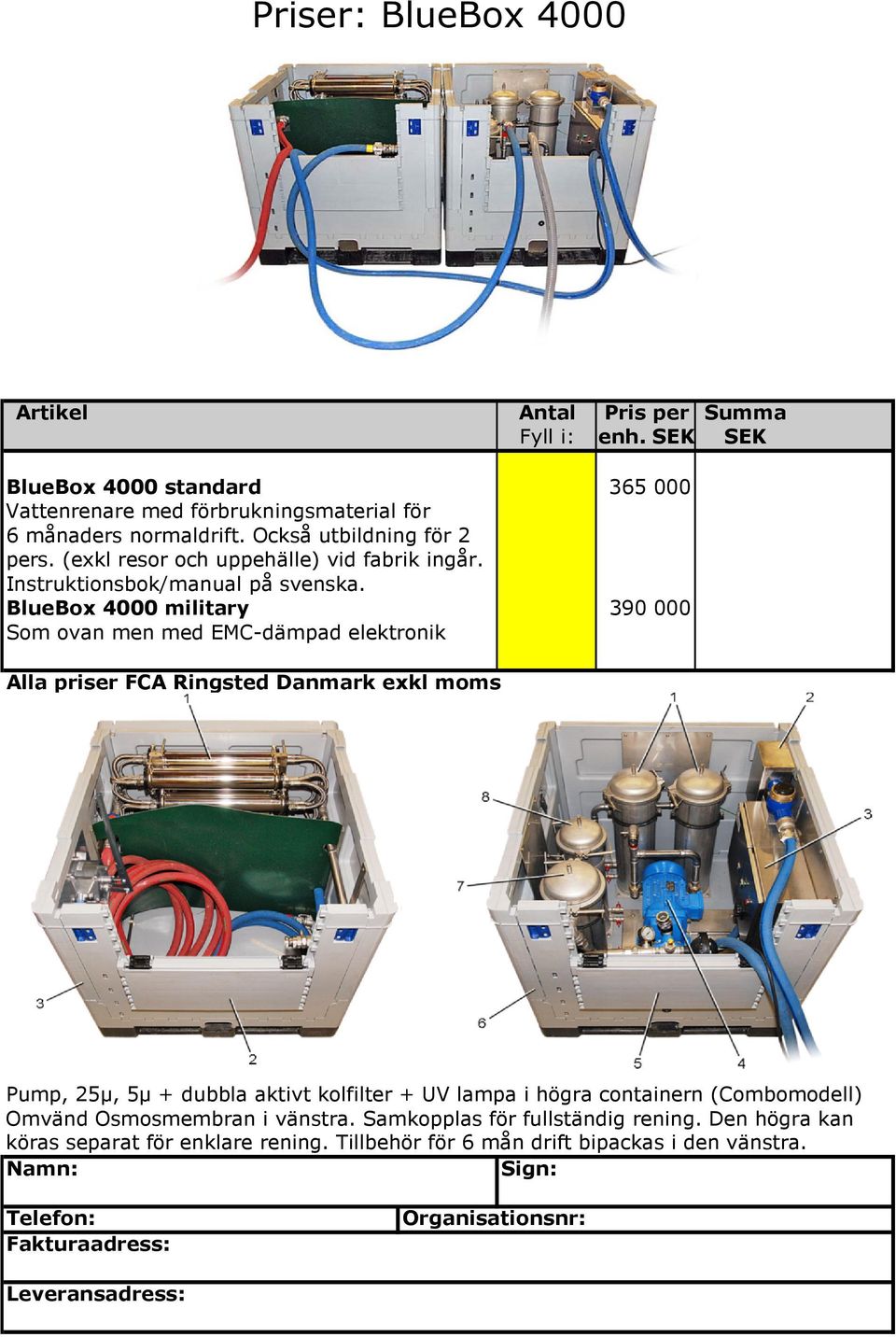 SEK SEK 365 000 390 000 Alla priser FCA Ringsted Danmark exkl moms Pump, 25µ, 5µ + dubbla aktivt kolfilter + UV lampa i högra containern (Combomodell) Omvänd Osmosmembran i