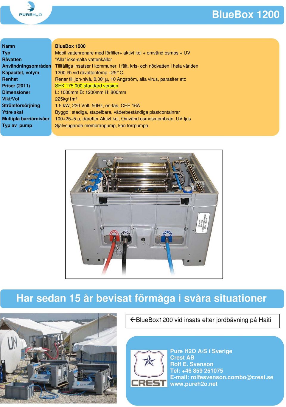 Renhet Renar till jon-nivå, 0,001µ, 10 Angström, alla virus, parasiter etc Priser (2011) SEK 175 000 standard version Dimensioner L: 1000mm B: 1200mm H: 800mm Vikt/Vol 225kg/1m³ Strömförsörjning 1.