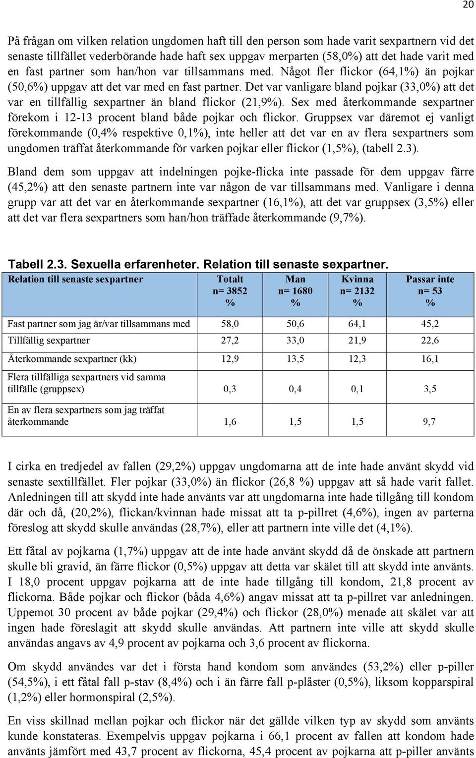 Det var vanligare bland pojkar (33,0) att det var en tillfällig sexpartner än bland flickor (21,9). Sex med återkommande sexpartner förekom i 12-13 procent bland både pojkar och flickor.