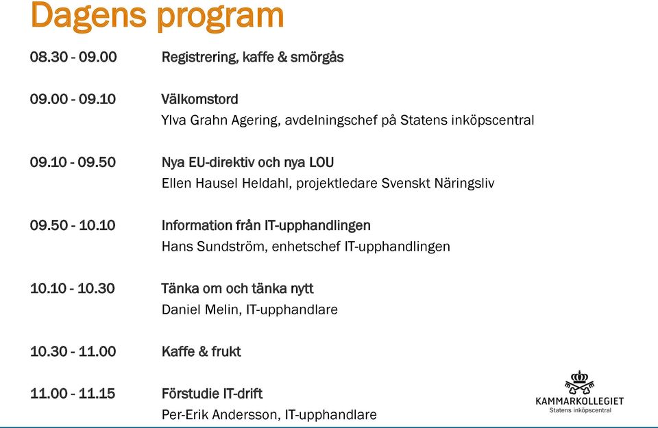 50 Nya EU-direktiv och nya LOU Ellen Hausel Heldahl, projektledare Svenskt Näringsliv 09.50-10.