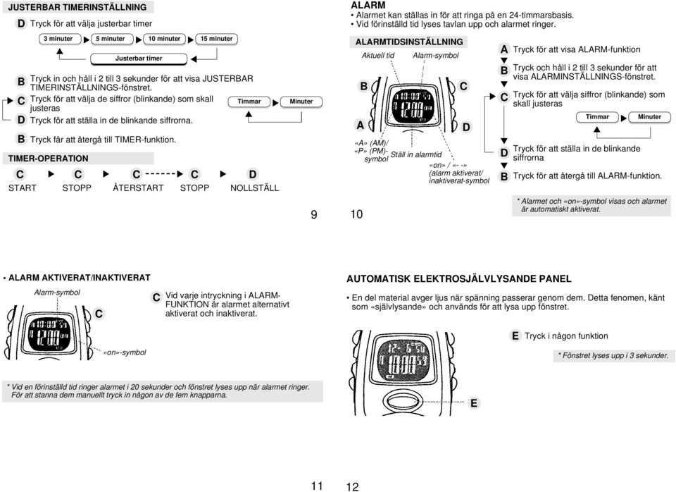 TIMER-OPERTION 5 minuter Justerbar timer 10 minuter 15 minuter STRT STOPP ÅTERSTRT STOPP NOLLSTÄLL Timmar Minuter 9 LRM larmet kan ställas in för att ringa på en 24-timmarsbasis.