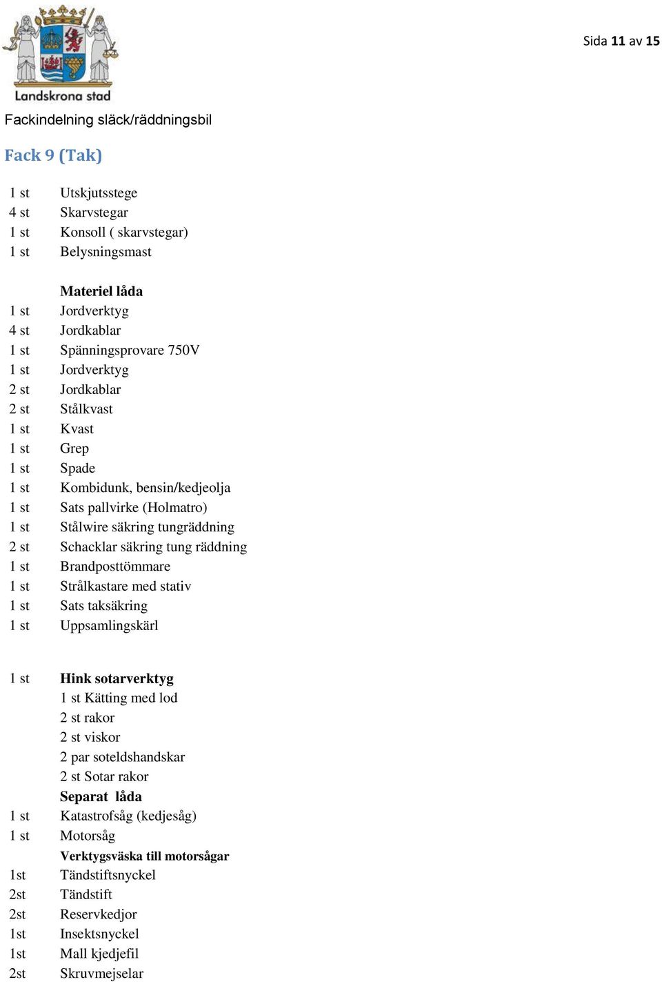 tung räddning 1 st Brandposttömmare 1 st Strålkastare med stativ 1 st Sats taksäkring 1 st Uppsamlingskärl 1 st Hink sotarverktyg 1 st Kätting med lod 2 st rakor 2 st viskor 2 par soteldshandskar 2