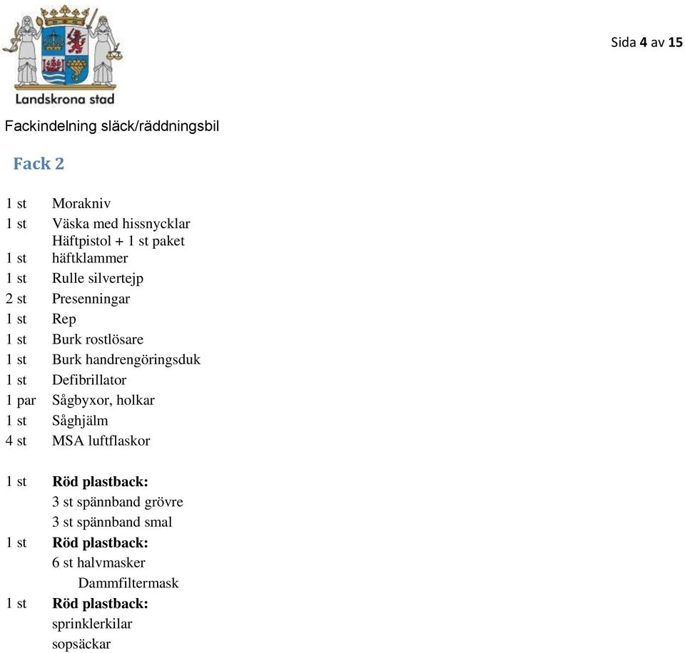 Defibrillator 1 par Sågbyxor, holkar 1 st Såghjälm 4 st MSA luftflaskor 1 st Röd plastback: 3 st spännband