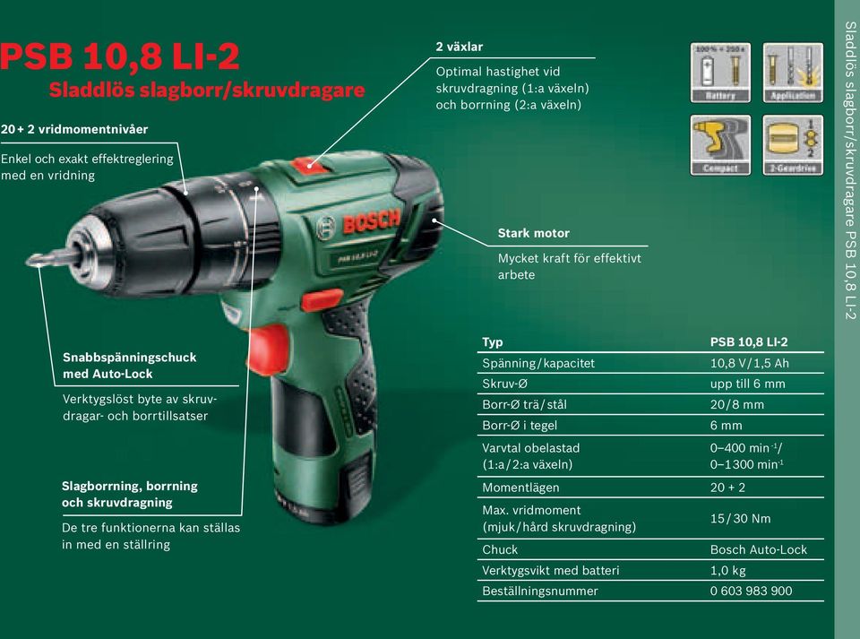Stark motor Mycket kraft för effektivt arbete Spänning / kapacitet Skruv-Ø Borr-Ø trä / stål Borr-Ø i tegel Varvtal obelastad (1:a / 2:a växeln) PSB 10,8 LI-2 10,8 V / 1,5 Ah upp till 6 mm 20 / 8 mm