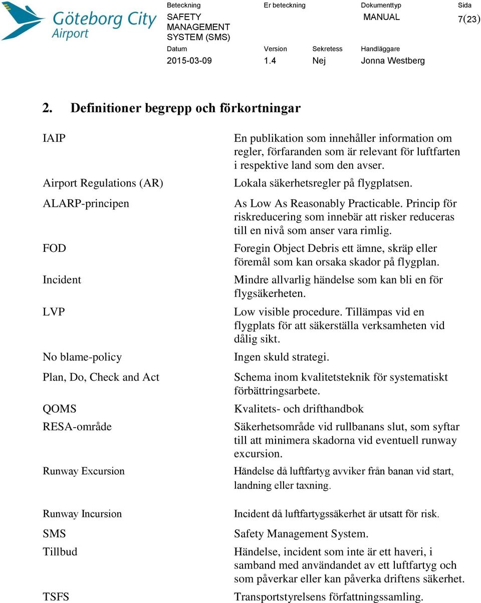 Tillbud TSFS En publikation som innehåller information om regler, förfaranden som är relevant för luftfarten i respektive land som den avser. Lokala säkerhetsregler på flygplatsen.