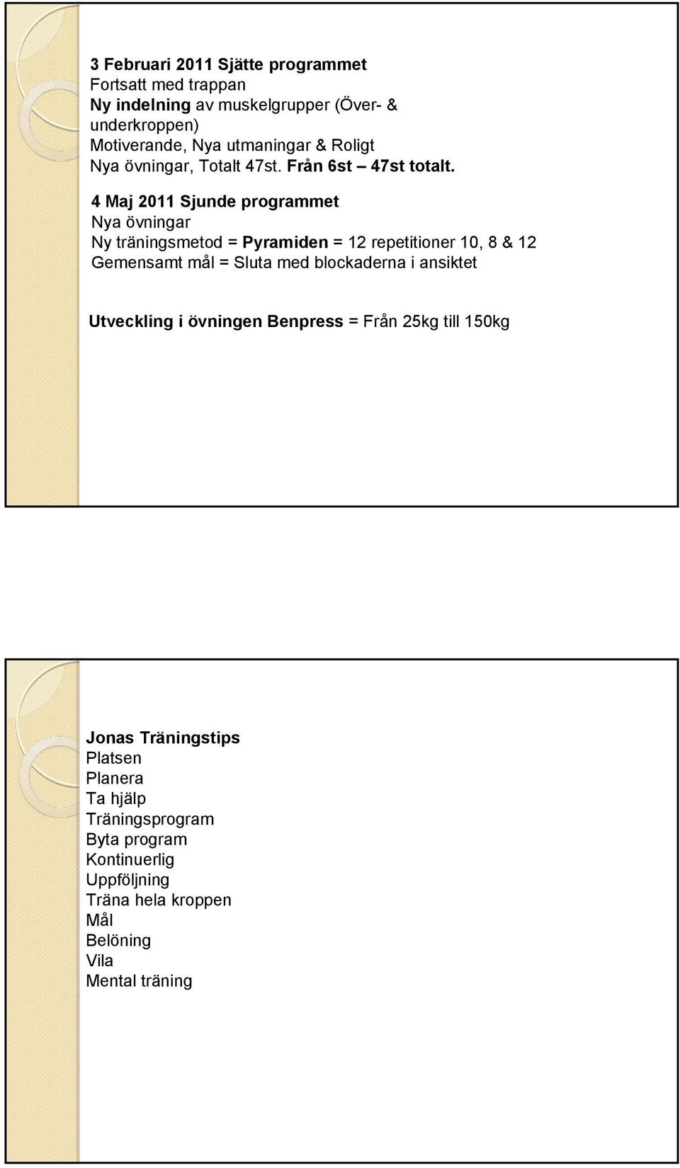 4 Maj 2011 Sjunde programmet Nya övningar Ny träningsmetod = Pyramiden = 12 repetitioner 10, 8 & 12 Gemensamt mål = Sluta med