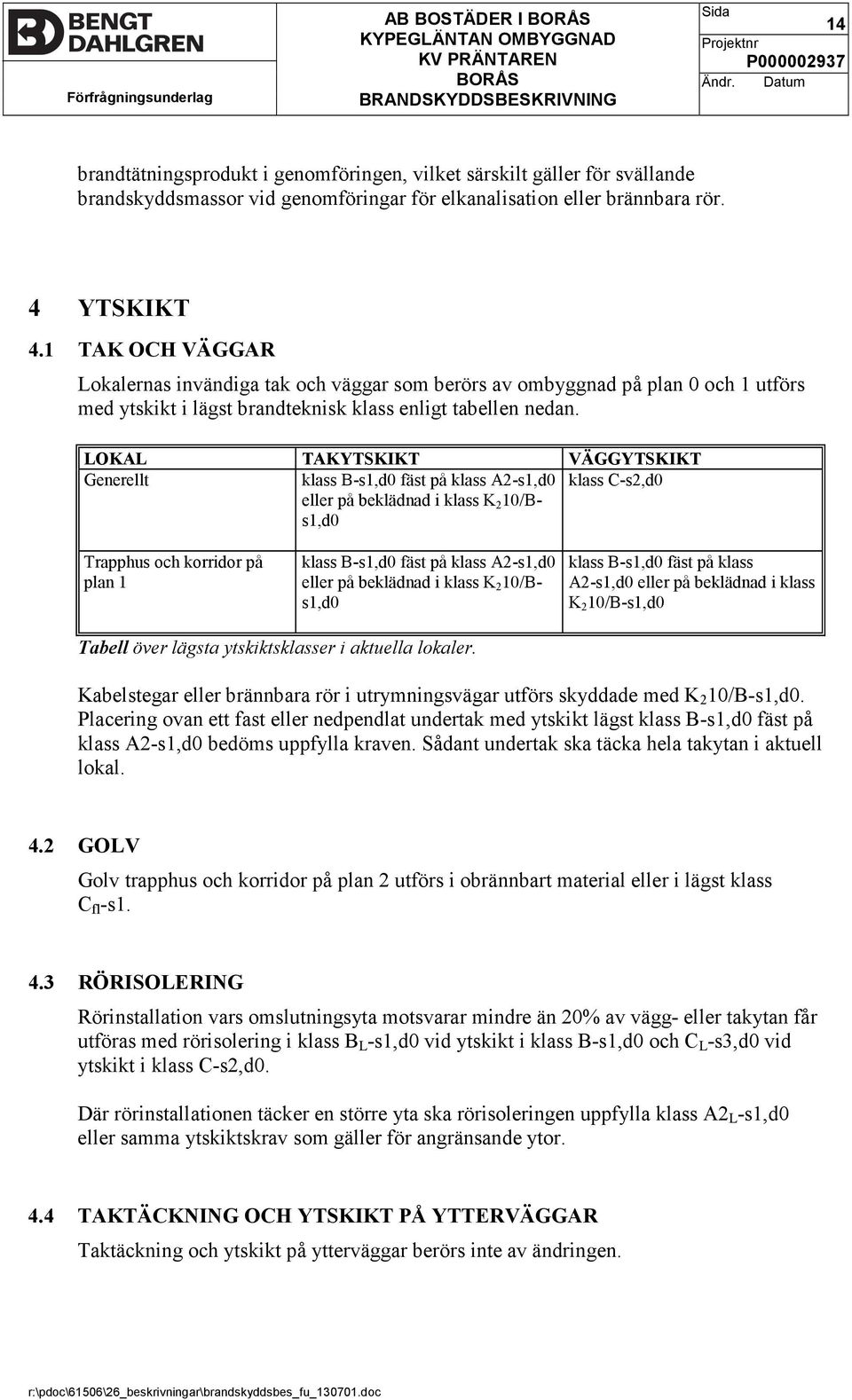 LOKAL TAKYTSKIKT VÄGGYTSKIKT Generellt klass B-s1,d0 fäst på klass A2-s1,d0 klass C-s2,d0 eller på beklädnad i klass K 2 10/Bs1,d0 Trapphus och korridor på plan 1 klass B-s1,d0 fäst på klass A2-s1,d0