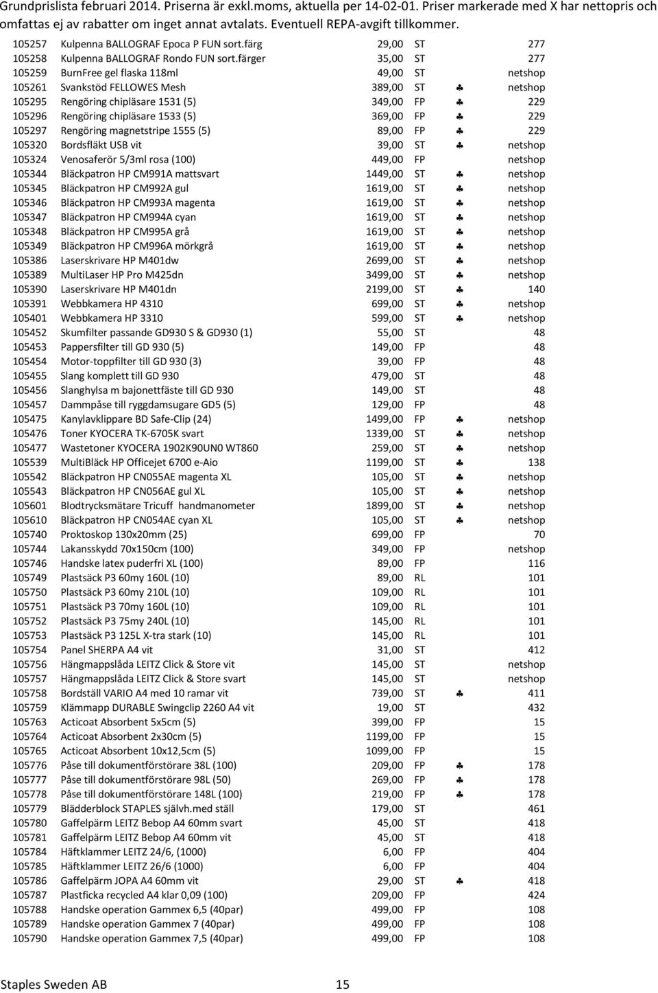 1533 (5) 369,00 FP 229 105297 Rengöring magnetstripe 1555 (5) 89,00 FP 229 105320 Bordsfläkt USB vit 39,00 ST netshop 105324 Venosaferör 5/3ml rosa (100) 449,00 FP netshop 105344 Bläckpatron HP