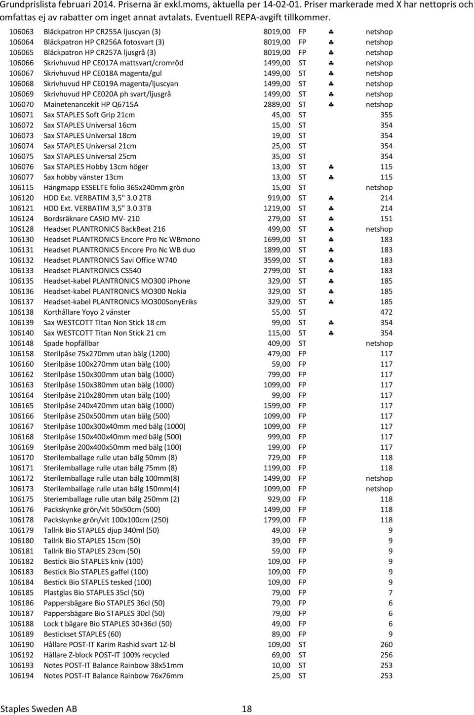 HP CE020A ph svart/ljusgrå 1499,00 ST netshop 106070 Mainetenancekit HP Q6715A 2889,00 ST netshop 106071 Sax STAPLES Soft Grip 21cm 45,00 ST 355 106072 Sax STAPLES Universal 16cm 15,00 ST 354 106073