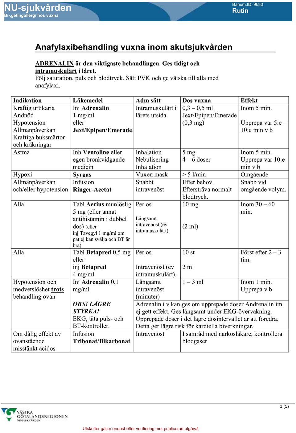 Indikation Läkemedel Adm sätt Dos vuxna Effekt Kraftig urtikaria Andnöd Hypotension Allmänpåverkan Kraftiga buksmärtor och kräkningar Inj Adrenalin 1 mg/ml eller Jext/Epipen/Emerade Intramuskulärt i