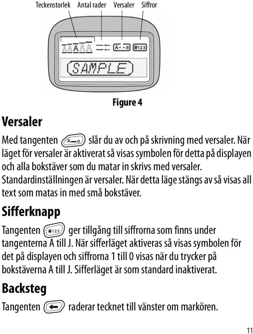 När detta läge stängs av så visas all text som matas in med små bokstäver. Sifferknapp Tangenten ger tillgång till siffrorna som finns under tangenterna A till J.