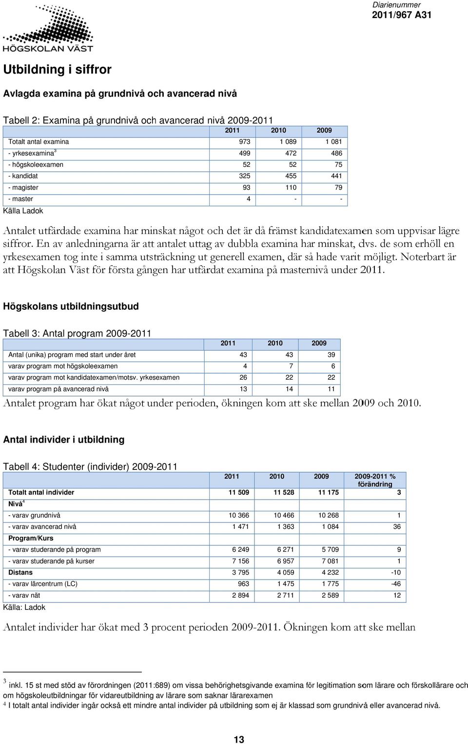 uppvisar lägre siffror. En av anledningarna är att antalet uttagg av dubbla examina har minskat, dvs.