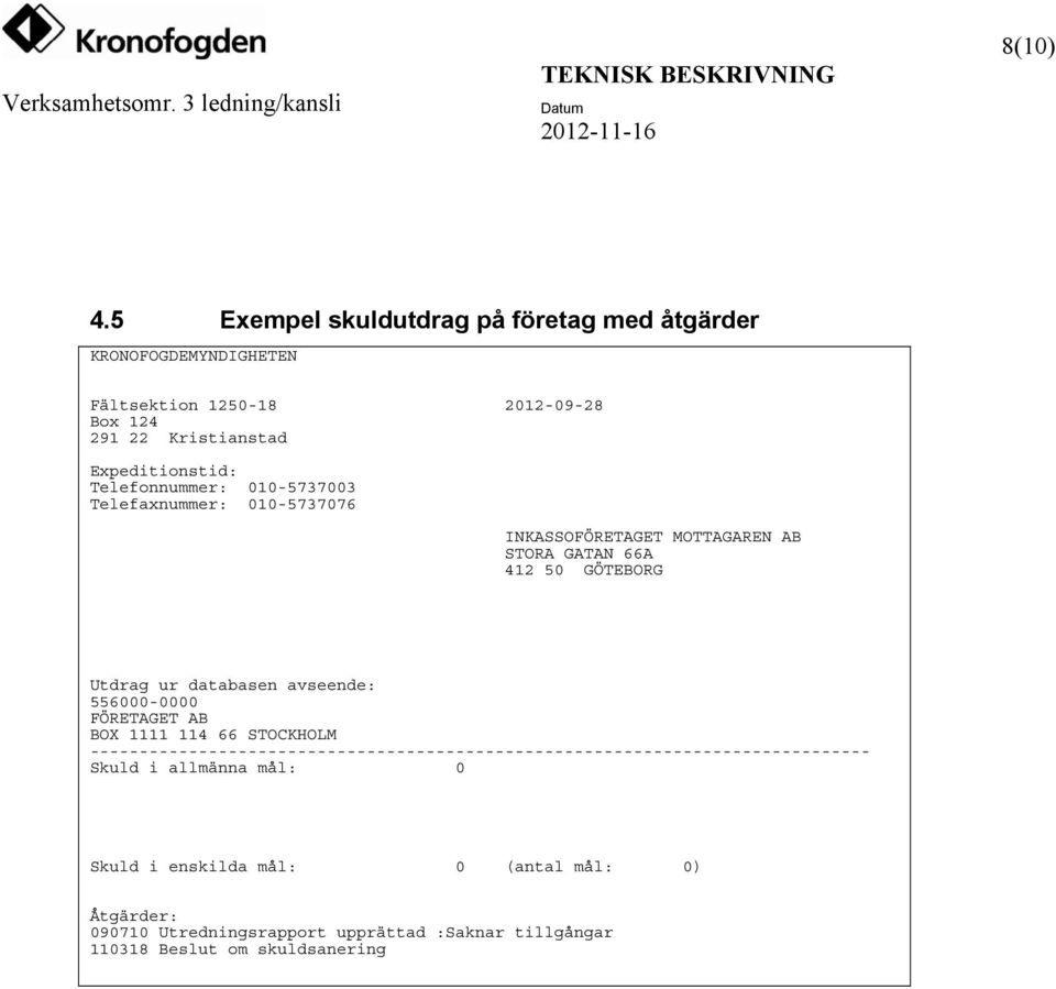 Telefonnummer: 010-5737003 Telefaxnummer: 010-5737076 INKASSOFÖRETAGET MOTTAGAREN AB STORA GATAN 66A 412 50 GÖTEBORG Utdrag ur databasen avseende: