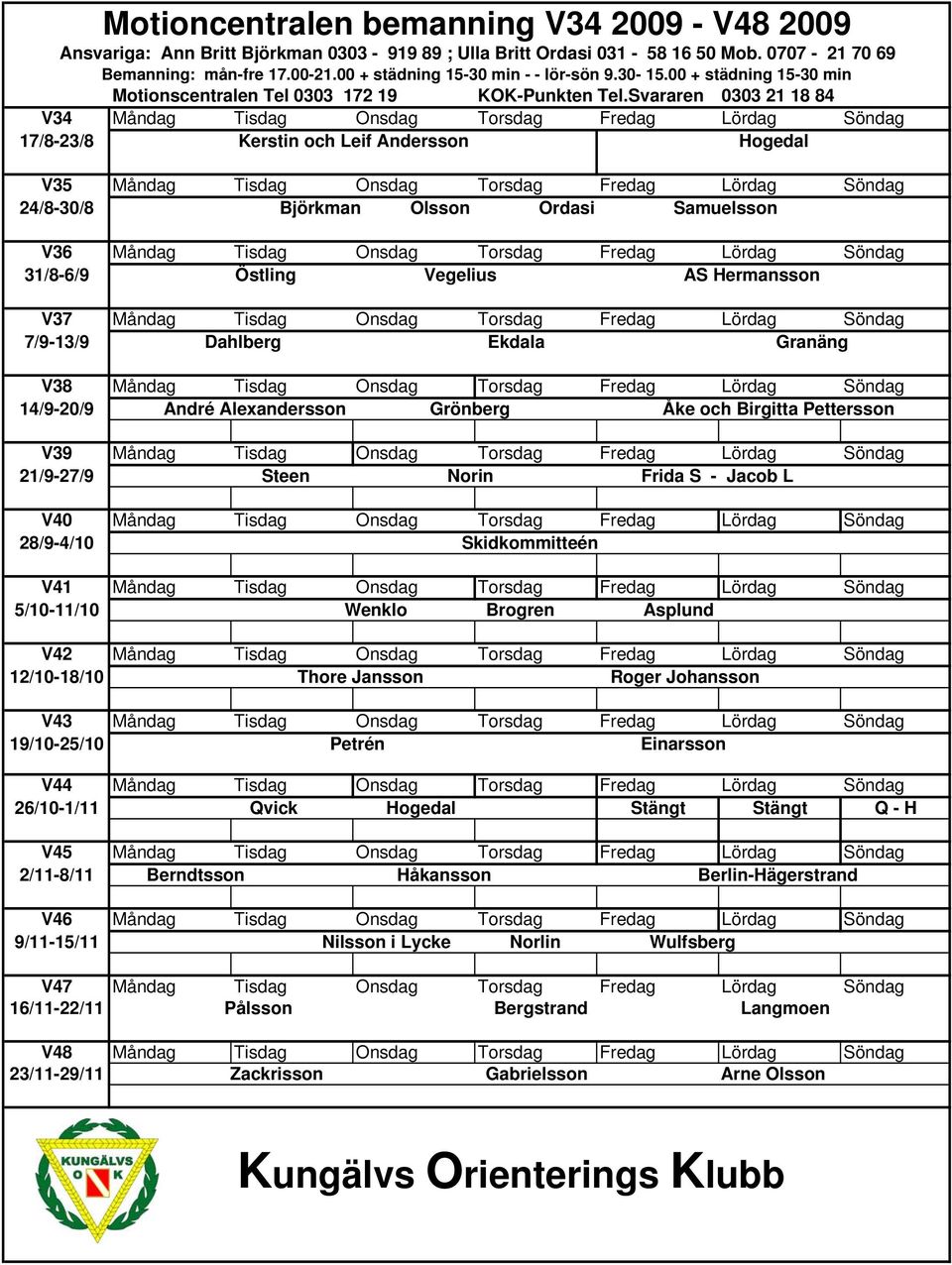 Svararen 0303 21 18 84 V34 Måndag Tisdag Onsdag Torsdag Fredag Lördag Söndag 17/8-23/8 Kerstin och Leif Andersson Hogedal V35 Måndag Tisdag Onsdag Torsdag Fredag Lördag Söndag 24/8-30/8 Björkman