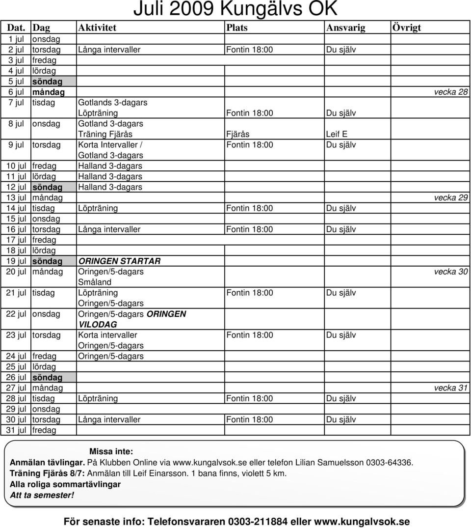Löpträning Fontin 18:00 Du själv 8 jul onsdag Gotland 3-dagars Träning Fjärås Fjärås Leif E 9 jul torsdag Korta Intervaller / Fontin 18:00 Du själv Gotland 3-dagars 10 jul fredag Halland 3-dagars 11