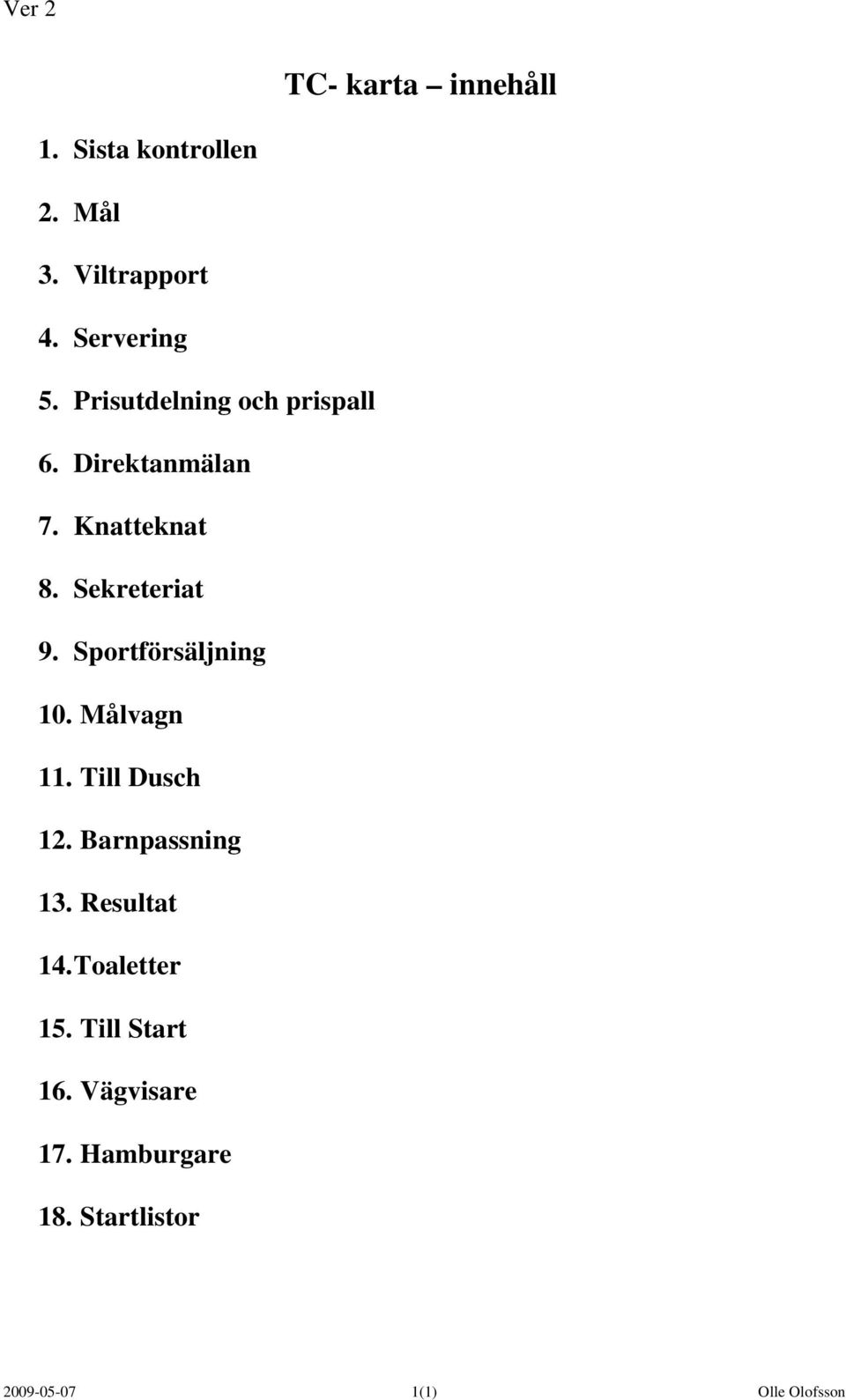 Sportförsäljning 10. Målvagn 11. Till Dusch 12. Barnpassning 13. Resultat 14.