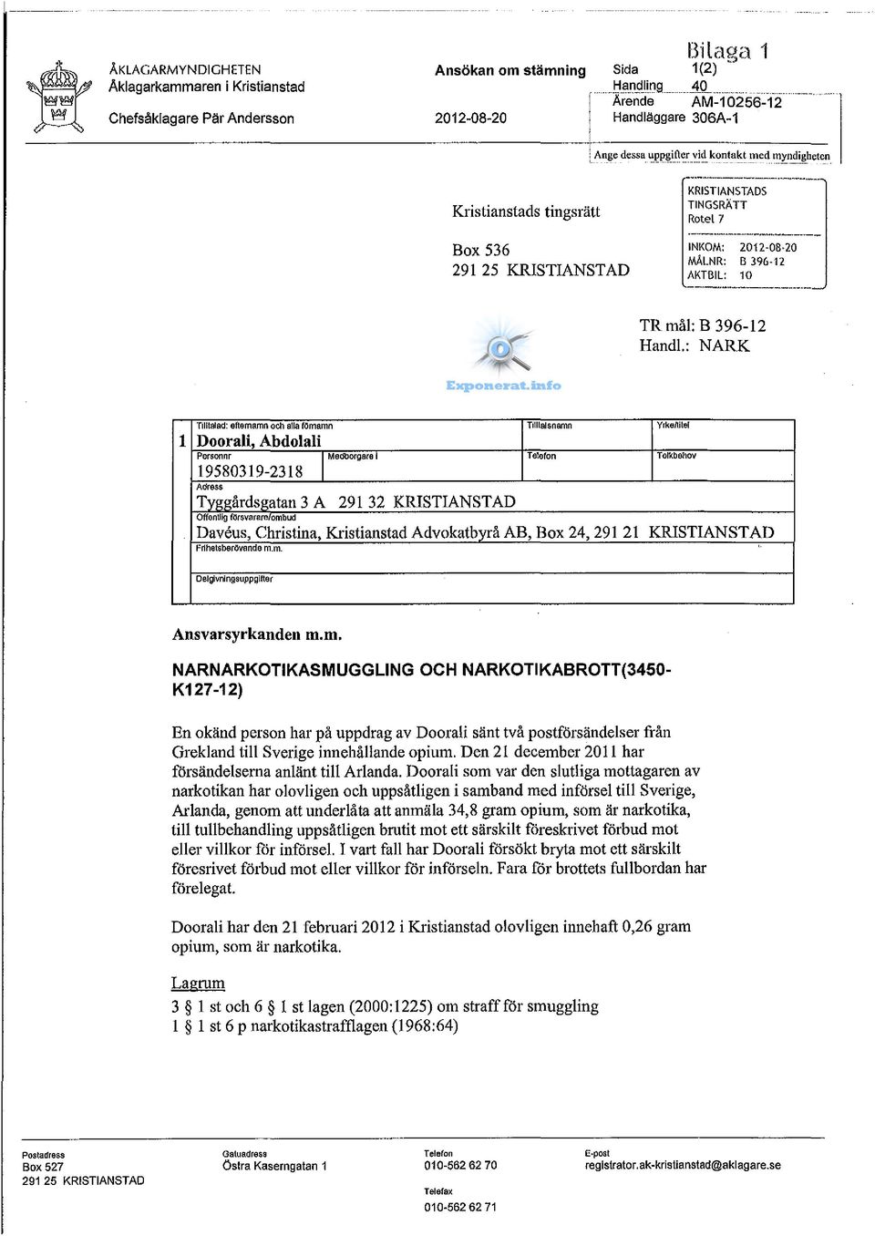 .: NARK Tilltalad: efternamn och alla förnamn Tilllatsnamn Yrkeiiitel l Doorali, Abdolali Person nr l Medborgare i 19580319-2318 Adress Telefon Tolkbehov Tyggårdsgatan 3 A 291 32 KRISTIANSTAD