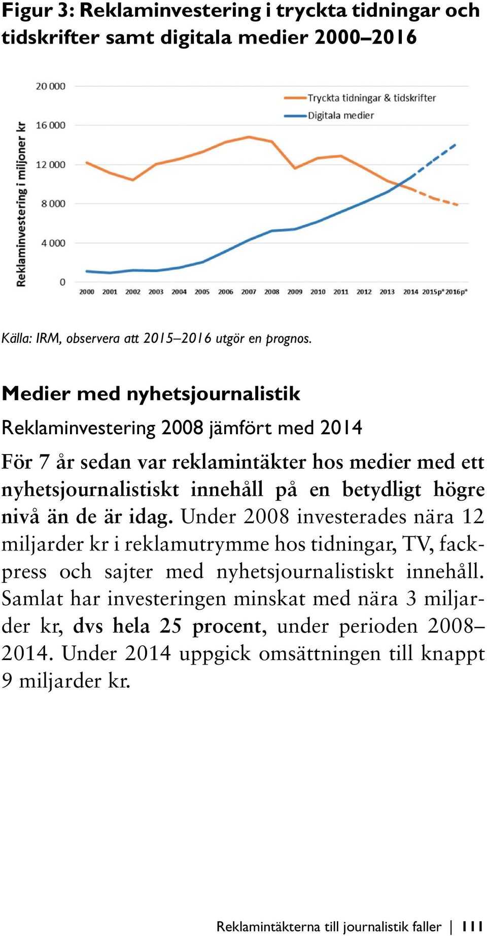 högre nivå än de är idag. Under 2008 investerades nära 12 miljarder kr i reklamutrymme hos tidningar, TV, fackpress och sajter med nyhetsjournalistiskt innehåll.