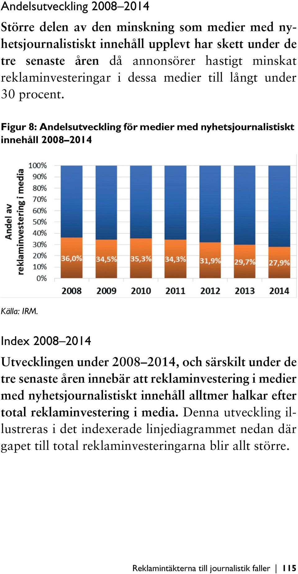 Index 2008 2014 Utvecklingen under 2008 2014, och särskilt under de tre senaste åren innebär att reklaminvestering i medier med nyhetsjournalistiskt innehåll alltmer halkar efter