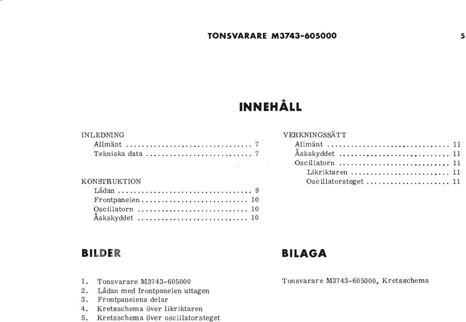 .. 10 Oscillatorn....... 10 Åsks kyddet... 10 BLDER BLAGA 1. Tonsvarare M3743-605000 Tonsvarare M3743-605000, Kretsschema 2.