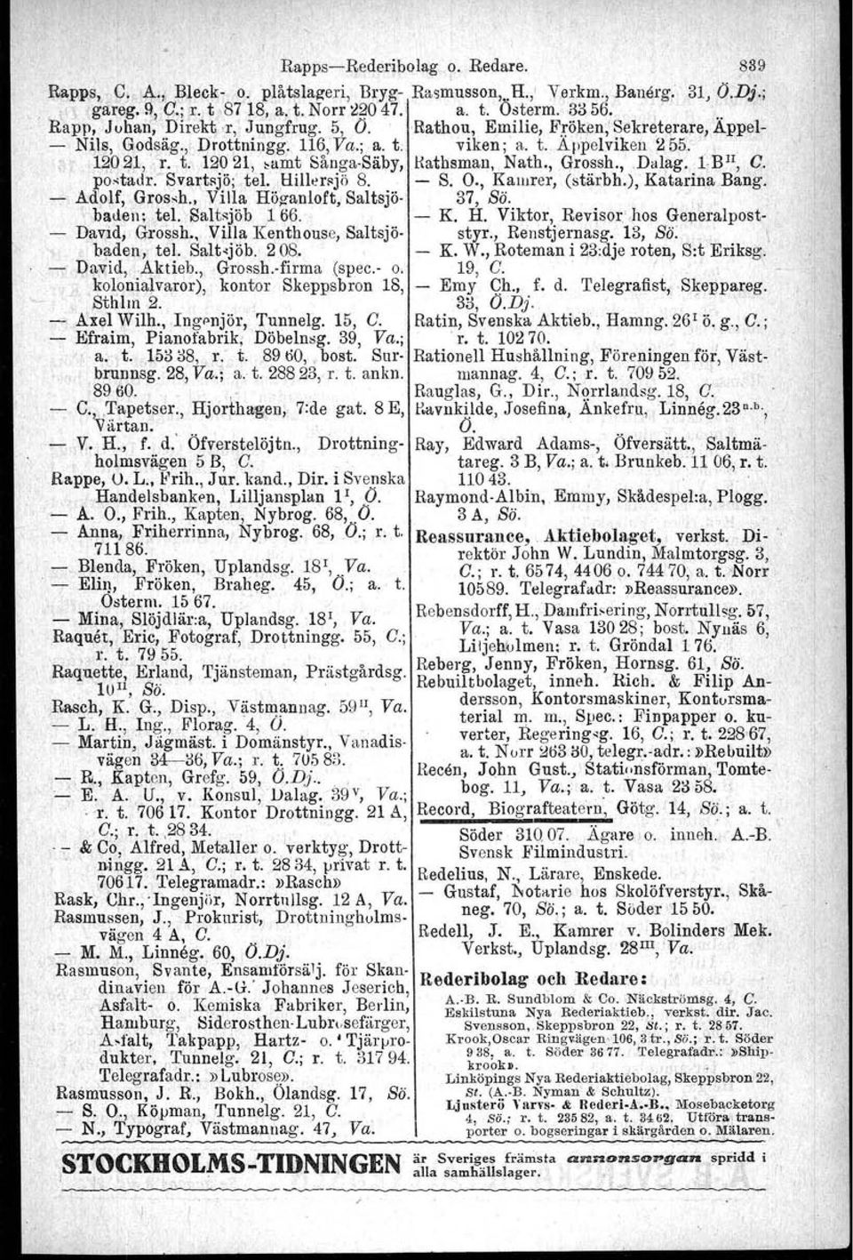 , Grossh., Dalag. 1 BIl, G. ~o.4adr. Svartsjö; tel. Hillersjö 8. - S. O., Kamrer, (stärbh.), Katarina Bang. Adolf, Gros-h., Villa Höganloft, Saltsjö- 37, Sö.,, baden; tel. Saltsjöb 166. - K. H. Viktor, Revisor,' hos Generalpost- David, Grossh.