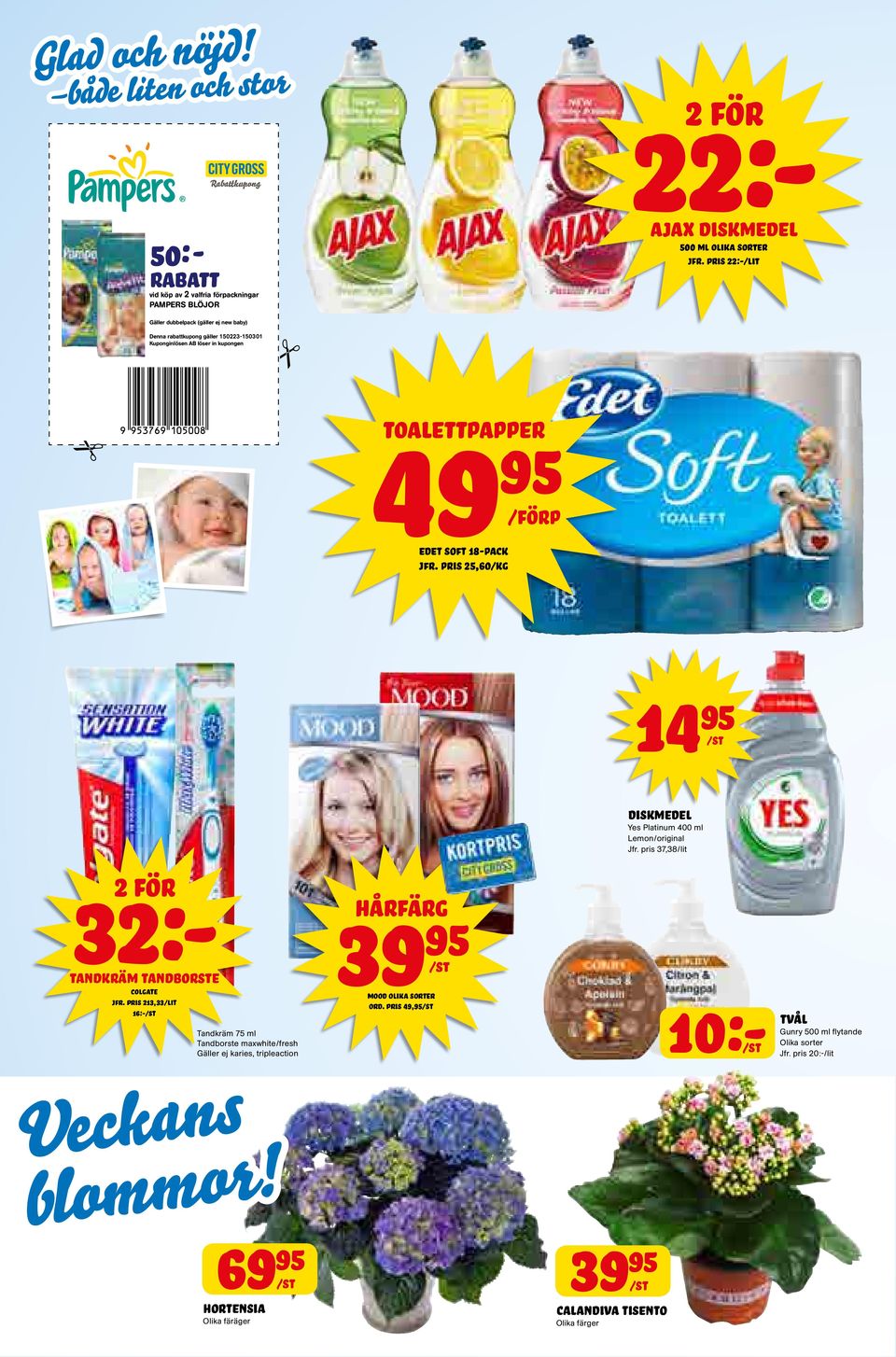 pris 25,60 14 diskmedel Yes Platinum 400 ml Lemon/original Jfr. pris 37,38/lit 32:- tandkräm tandborste colgate jfr.