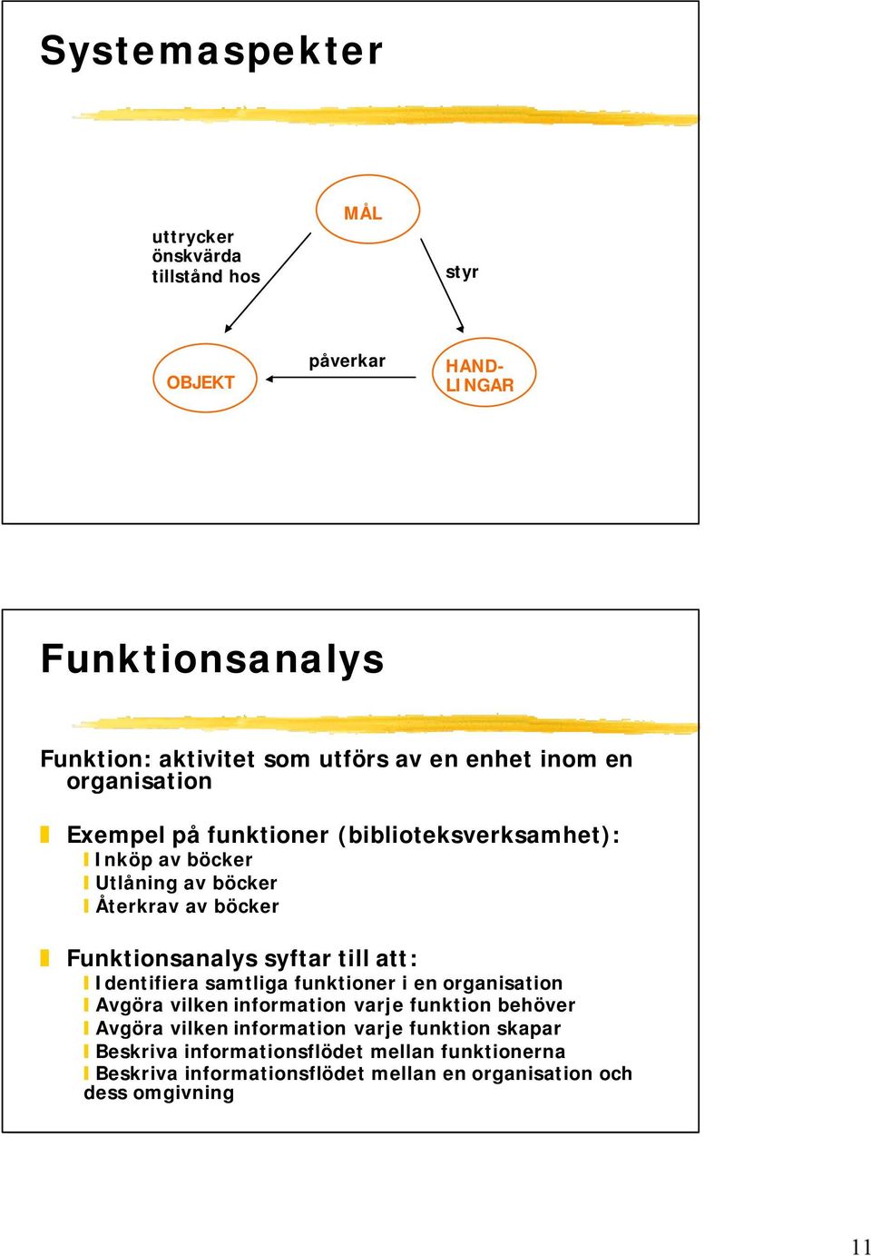 Funktionsanalys syftar till att: Identifiera samtliga funktioner i en organisation Avgöra vilken information varje funktion behöver Avgöra