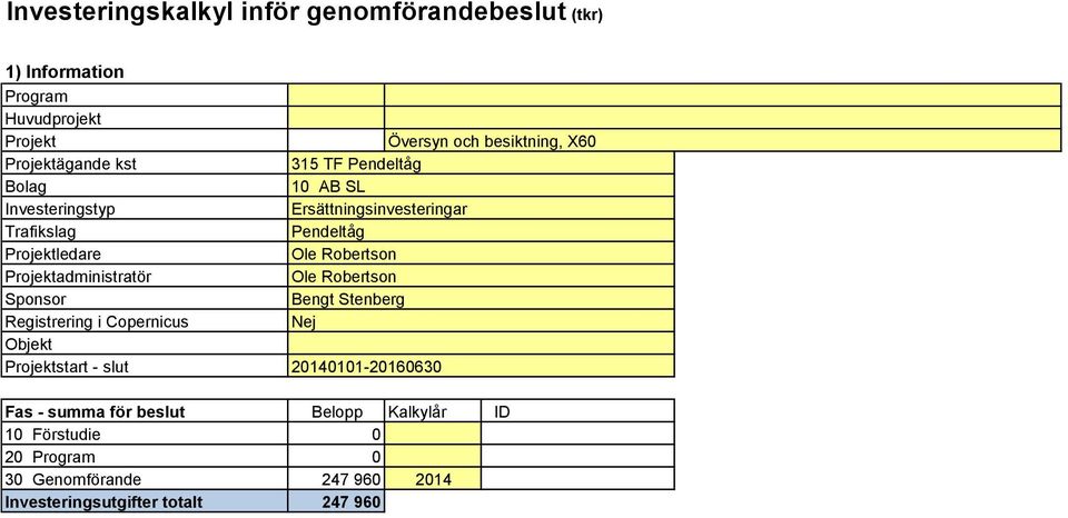 och besiktning, X60 315 TF Pendeltåg 10 AB SL Ersättningsinvesteringar Pendeltåg Ole Robertson Ole Robertson Bengt Stenberg Nej