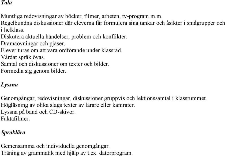 Samtal och diskussioner om texter och bilder. Förmedla sig genom bilder. Genomgångar, redovisningar, diskussioner gruppvis och lektionssamtal i klassrummet.