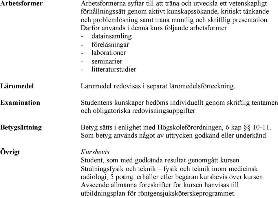 Därför används i denna kurs följande arbetsformer - datainsamling - föreläsningar - laborationer - seminarier - litteraturstudier Läromedel redovisas i separat läromedelsförteckning.