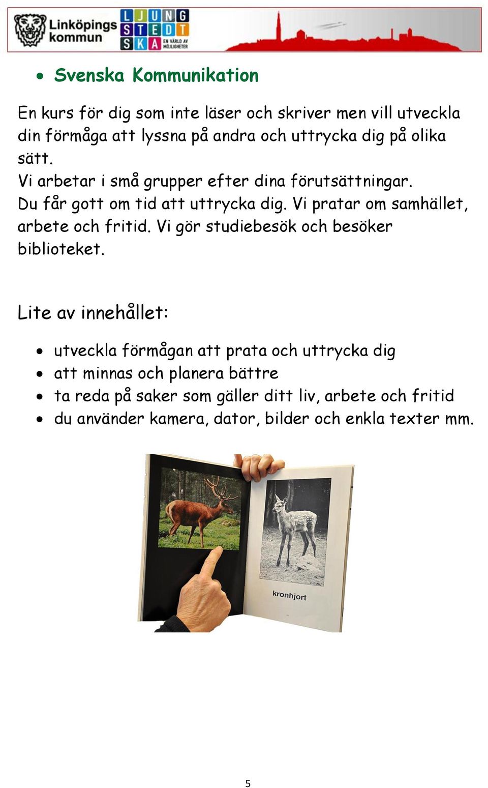 Vi pratar om samhället, arbete och fritid. Vi gör studiebesök och besöker biblioteket.