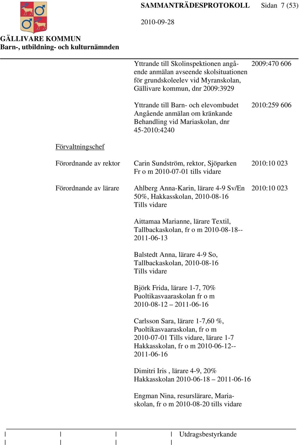 023 Fr o m 2010-07-01 tills vidare Förordnande av lärare Ahlberg Anna-Karin, lärare 4-9 Sv/En 2010:10 023 50%, Hakkasskolan, 2010-08-16 Tills vidare Aittamaa Marianne, lärare Textil, Tallbackaskolan,