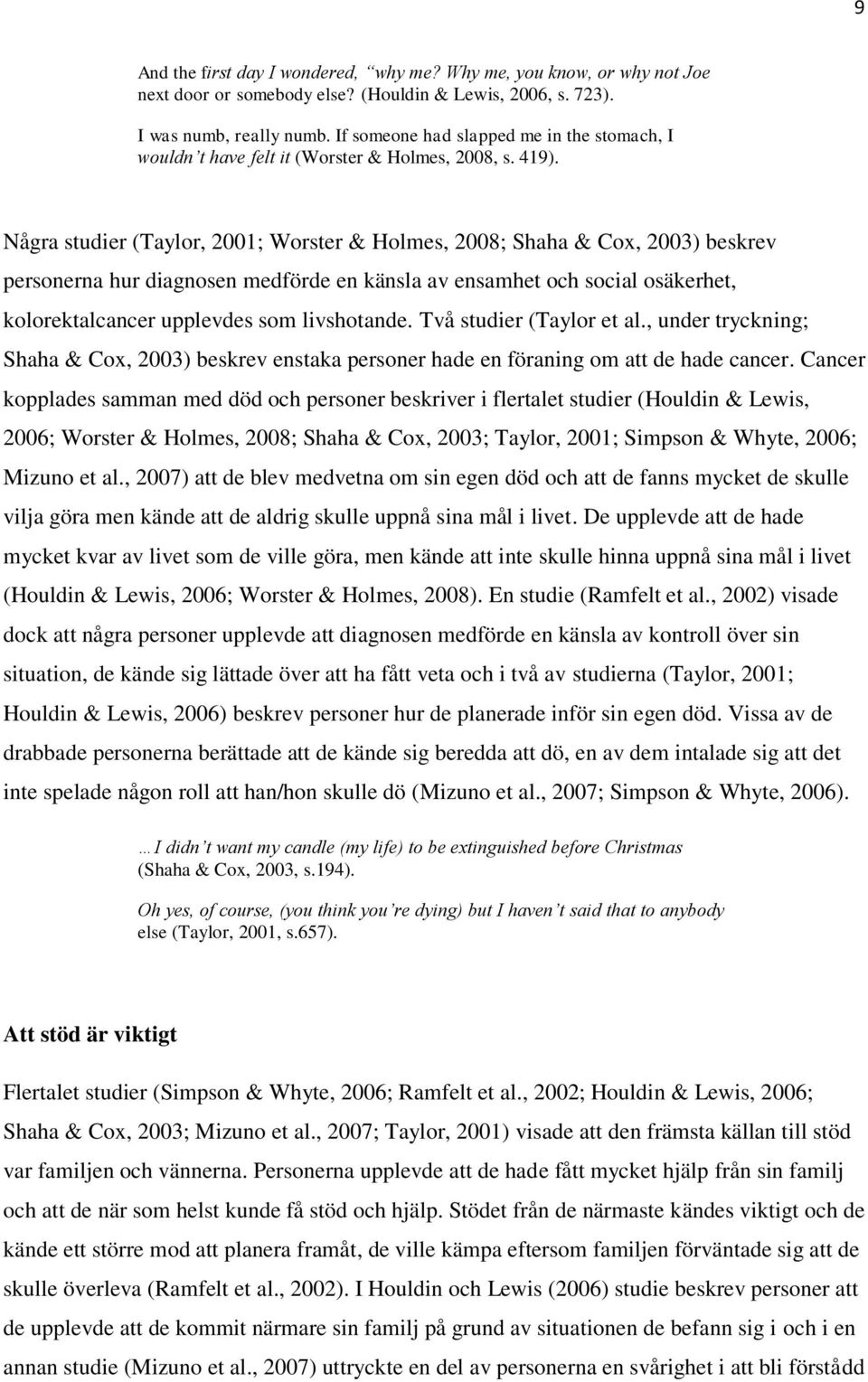 Några studier (Taylor, 2001; Worster & Holmes, 2008; Shaha & Cox, 2003) beskrev personerna hur diagnosen medförde en känsla av ensamhet och social osäkerhet, kolorektalcancer upplevdes som