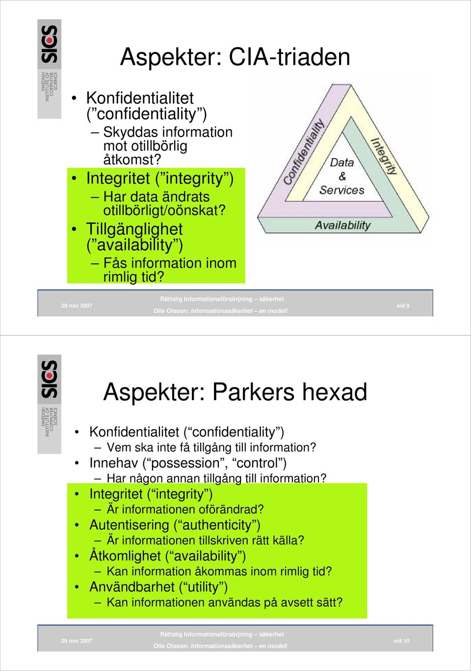 sid 9 Aspekter: Parkers hexad Konfidentialitet ( confidentiality ) Vem ska inte få tillgång till information?